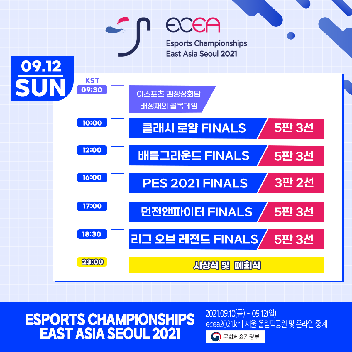 [Esports Championships East Asia 2021]

The 🇰🇷 Korea team will face China in the CR, PUBG, D&amp;F, LoL finals!

📺 EN (Twitch) : twitch.tv/kespaen
📺 EN (YouTube) : youtube.com/kespa
📺 CN (Huya) : huya.com/660007
📺 JP (JeSF YouTube) : youtube.com/channel/UC1nod…
