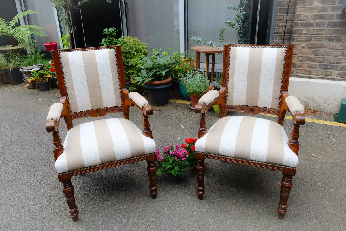 Here are new pair of strip beige Edwardian chairs after reupholstery.

The fabric is from Balmoral Textile Infinity collection-Etna Beige.

#edwardianchair #stripechair #chairreupholstery #reupholsteredchair #balmoraltextiles