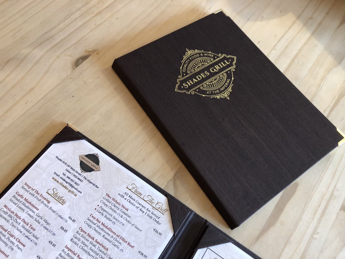 mainly_menus's tweet image. The Corner Mount Sherwood‘wood grain’ effect Menu Cover. Beautiful Gold blocked personalisation.