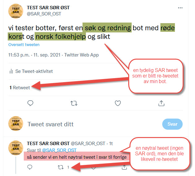 SarbotMETA's tweet image. ny version av bot, laget og kjørt ut i kveld/natt, nå har bottene historie av tidligere re-tweetet ting og tweeter som absolutt ikke ble re-tweetet.  som dette eksemplet viser.