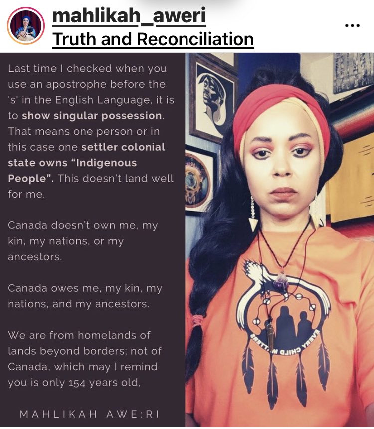 LarissaReed6's tweet image. @RedSlam taken from Mahlikah Aweri’s IG. “Canada does not own us. Canada owes us.” Please read.” @Equity_TCDSB #TruthAndReconciliation #LanguageMatters @MICHAELaCACCAMO @1wholeads