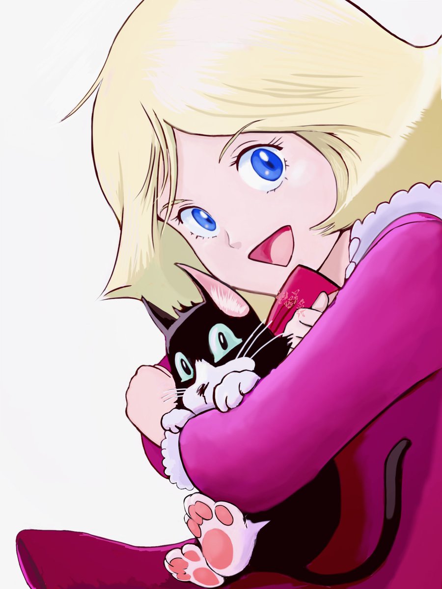 1girl blonde hair blue eyes cat smile open mouth white background  illustration images
