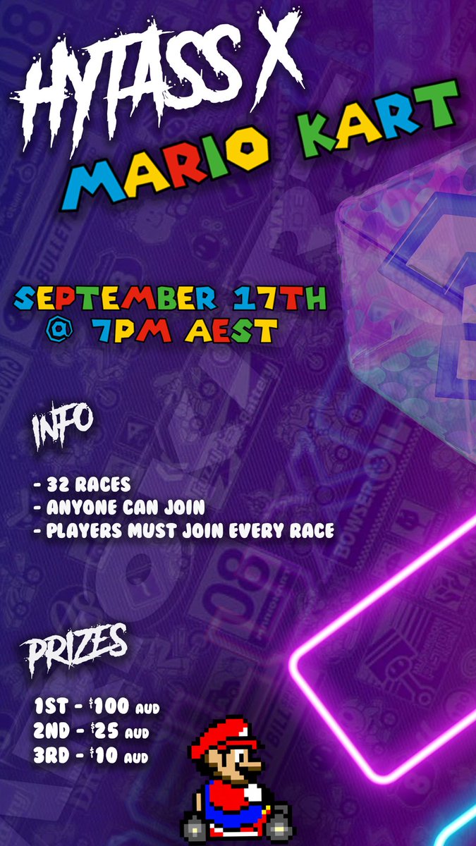 HYTASSCS's tweet photo. YO MARIO KART TOURNAMENT THIS FRIDAY STARTING 7PM AEST!! Winner will get $100, 2nd place $25, 3rd place $10! 

Going to be a fun event for stream! Keen to see you guys there! hytassL https://t.co/pQgl5TeTCC