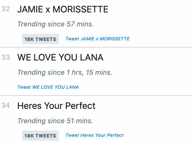 ChartMorissette's tweet photo. Worldwide Trends (New Peaks):

#32 JAMIE x MORISSETTE 
#34 Heres Your Perfect 

@itsMorissette @jamiemillmusic
#iheartASAP @ASAPOfficial https://t.co/eip0YOd4Ik