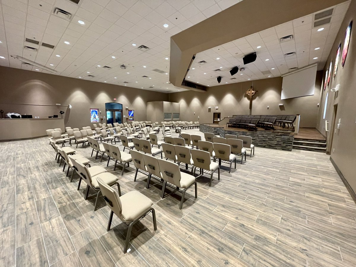 CpcGoodyear's tweet photo. The chairs have been placed in the newly renovated Sanctuary and in the choir loft. Next week the piano, organ, and sacred articles will be installed &amp; the lighting and audio updates will be completed for the open house on September 19. #cpcgoodyear #ecochurch https://t.co/iyl0MWcxSv