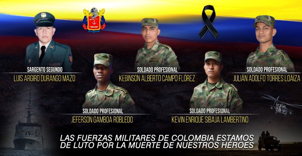 FuerzasMilCol's tweet image. Oramos por el descanso eterno de estos #HéroesPorSiempre del @COL_EJERCITO @Ejercito_Div8 quienes fueron asesinados por el ELN y las disidencias de las Farc, en el departamento de Arauca, mientras cumplían el deber constitucional