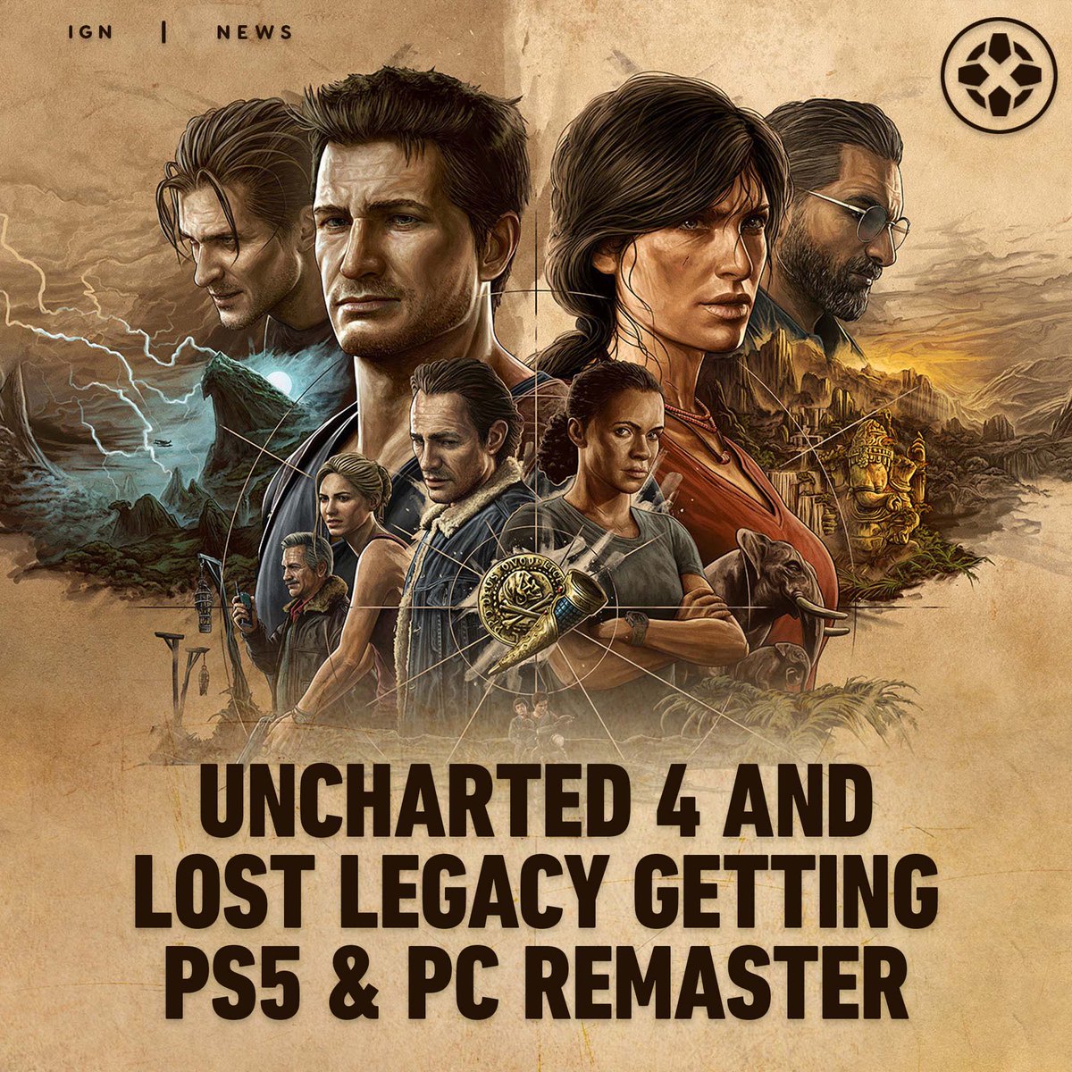 IGN's tweet photo. Naughty Dog announced Uncharted: Legacy of Thieves Collection, which packages remastered versions of Uncharted 4: A Thief's End and Uncharted: The Lost Legacy together for PS5 and PC. https://t.co/eMaBc2Al7x https://t.co/zS84GjI4yu