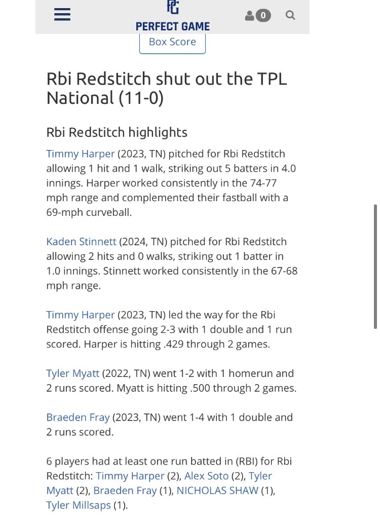Rbi18u's tweet photo. RedStitch108 bats were hot in Game#2 as they WIN 11-0. Timmy Harper &amp; Kaden Stinnett were strong on the mound. Harper &amp; Rhode Kirkland with a multi-hit game. Tyler Myatt inside-park HR. Braeden Fray, Nicholas Shaw and Alex Soto each  collected hits in the game. https://t.co/bpntlq8ZCp