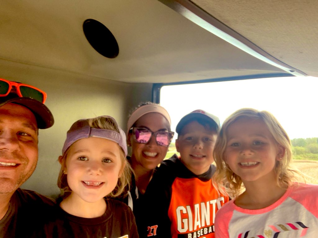 Wilcovanmeijl's tweet photo. It’s been a while since we did a family cab selfie, so today seemed like a great day for it. Everyone was out for our farm’s first canola harvest. We feel blessed to have received what we did. #familyselfie #fullcab #gettingbig https://t.co/nejKaeBgUF