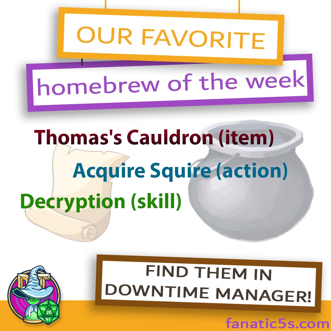 DowntimeManager's tweet photo. These are our favorite Homebrew contents! Find them in Downtime Manager!

https://t.co/wnMIm3facW 

#dnd #dnd5e #dungeonsanddragons #dungeonsanddragons5e #dnddowntime #dmtips #rpg #ttrpg #tabletopgames #dungeonmaster #dndcampaign #dndhomebrew #dndadventure #dndcampaign #dndhooks https://t.co/QiK2pVe2kK