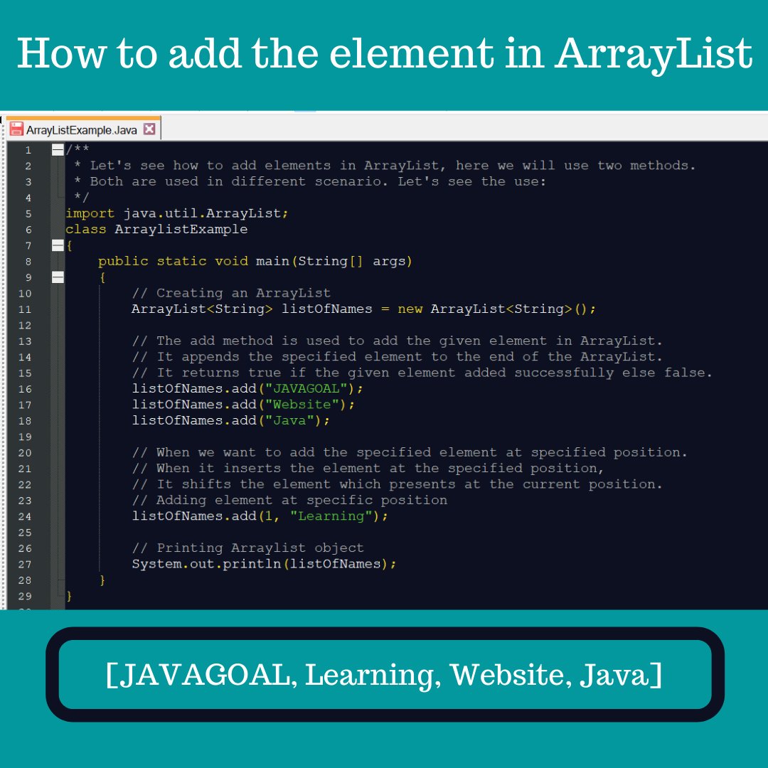GoalJava's tweet image. Want to read it in detail then click on link:javagoal.com/arraylist-add-…
#javadeveloper
#android
#javacode
#codinglife
#Coding
#devcommunity
#CodeNewbie
#CodeNewbies
#WomenWhoCode