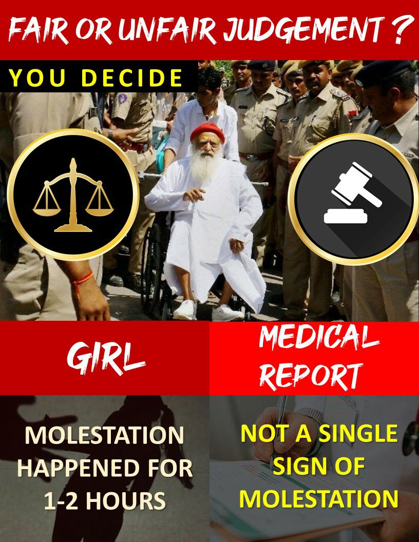 Sant Shri Asharamji Bapu के केस में न्यायाधीश द्वारा निर्णय देते समय सारे सबूतों की अनदेखी क्यों की गई? जैसे की, 
*मेडिकल रिपोर्ट में रेप की पुष्टि नही।
*13 दस्तावेजों में आरोपिता बालिग होने के बावजूद POCSO Act लगाया गया। हमें चाहिए Justice For Bapuji
#बोलते_सबूत