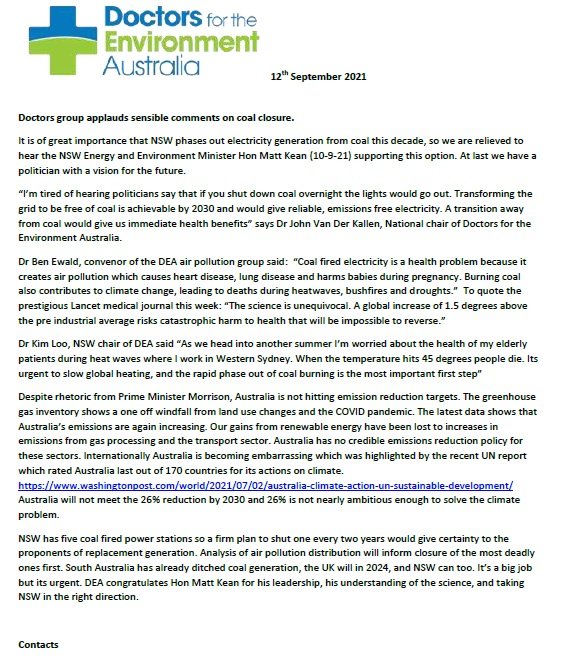 Doctors for the environment Australia supports 100% renewable electricity for NSW by 2030. <a href="/DocsEnvAus/">Doctors for the Environment Australia</a> <a href="/Matt_KeanMP/">The Hon. Matt Kean</a>  This has to mean closing a powerstation every 2 years.