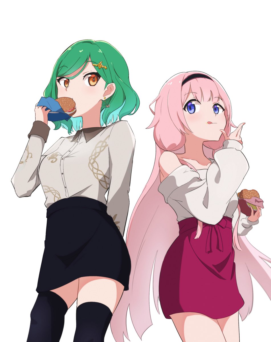 multiple girls 2girls skirt pink hair green hair food thighhighs  illustration images