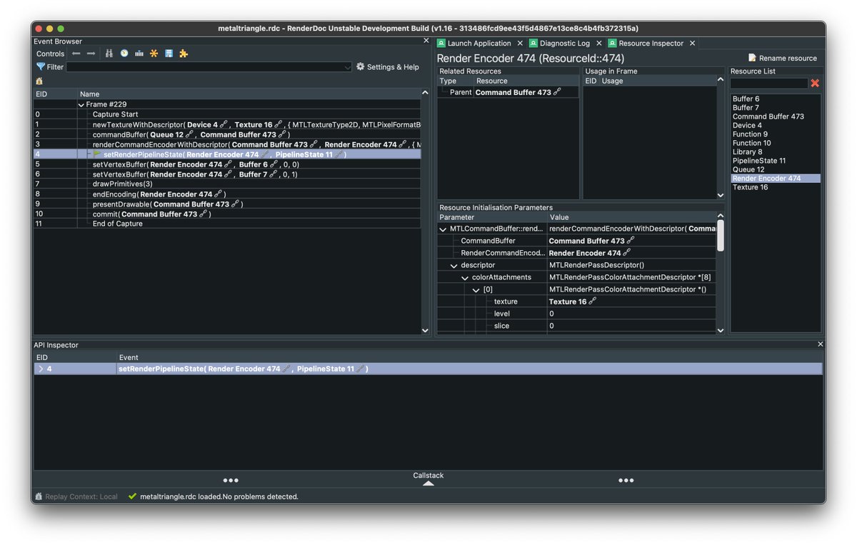 RenderDoc Metal : looks like I have all the resource creation data captured and resources being re-created during replay (minor complexity with MTLTexture).
Next I need to capture the VertextBuffer bytes.