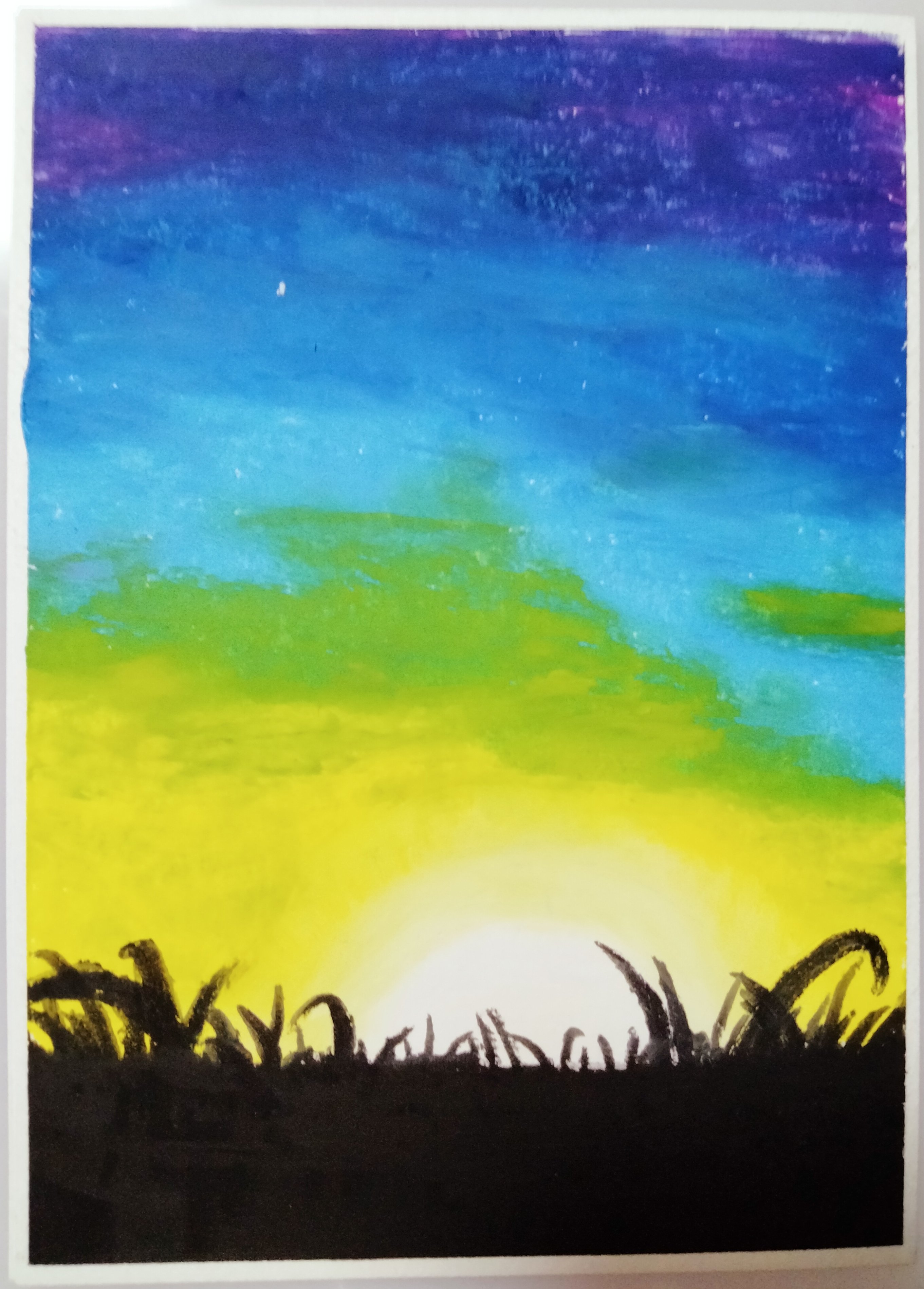 七師 ななし クレヨン画家 新作 緑の日の入り いつもはオレンジの夕日を描くのを定番にしていますが いきなり黄緑にしたくなりました 水色と黄色の混色で 緑は使っていません 面白いですよね 紙の上で混ぜるの クレヨン画 夕日 空