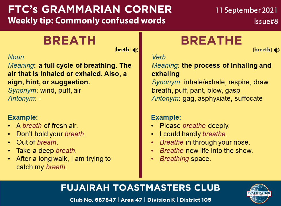 Fujairah Toastmasters Club 1 The Weather Was Balmy Not A Breath Breathe Of Wind 2 The Electrician Said He D Be Here Before Noon But I M Not Holding My Breath Breathe 3 I Have