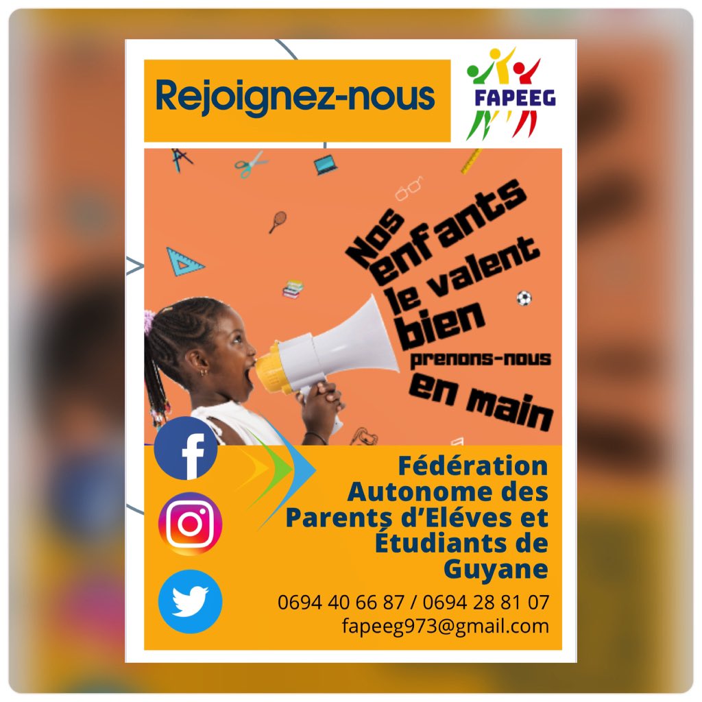 FAPEEGuyane's tweet photo. [ Élection des parents d’élèves ]

💪🏾 Parents, n'hésitez pas à vous impliquer dans la vie de l'école de votre enfant.

📩Votez et faites voter pour la FAPEEG, afin d’améliorer les conditions de scolarisation, car « NOS ENFANTS LE VALENT BIEN, PRENONS NOUS EN MAIN ». https://t.co/cVFS7vkOis