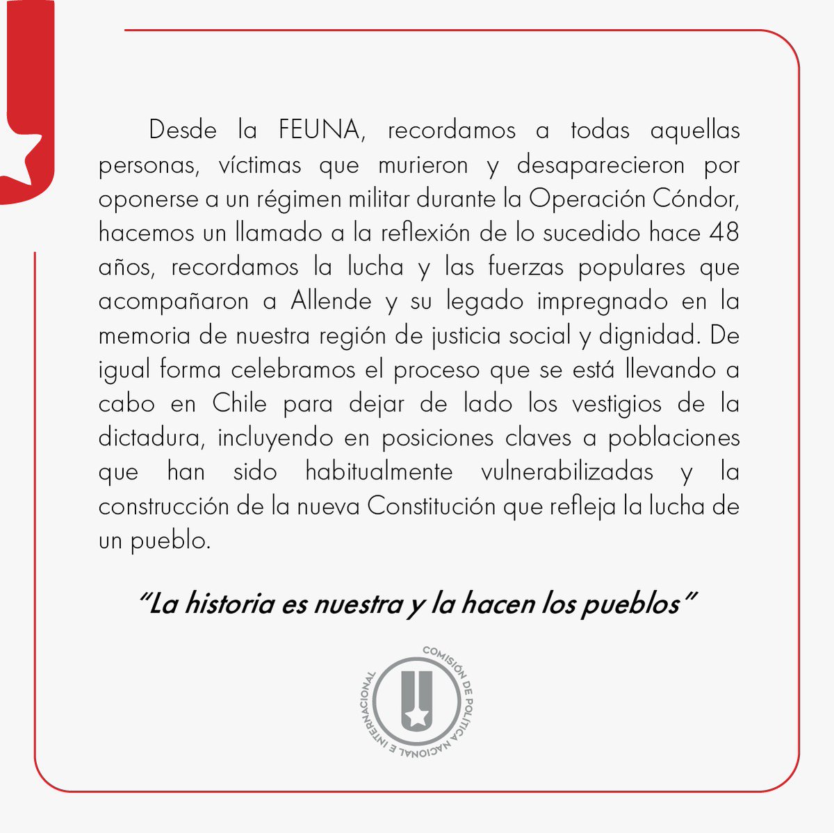 FEUNA_CR's tweet photo. #Repost
📍48 AÑOS DEL GOLPE DE ESTADO EN CHILE
"La historia es nuestra y la hacen los pueblos"
https://t.co/HynZXuUkeq
#FEUNA #UNA https://t.co/LMeAsEGvqv