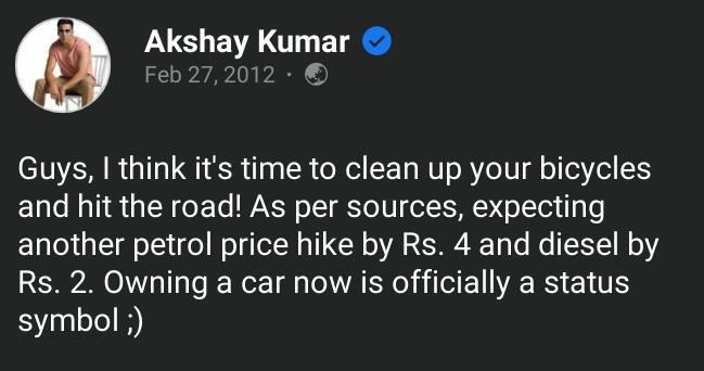 karthikeyandrk's tweet photo. Absolutely Mr.@akshaykumar 
It's been very burden to give 110% as tax for fuel https://t.co/BxInZkVyUE