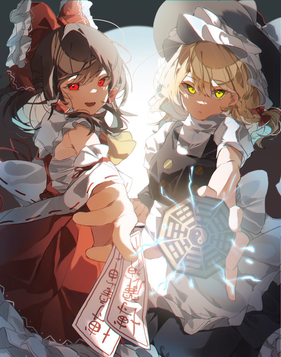 hakurei reimu ,kirisame marisa multiple girls 2girls hat red eyes blonde hair bow yellow eyes  illustration images