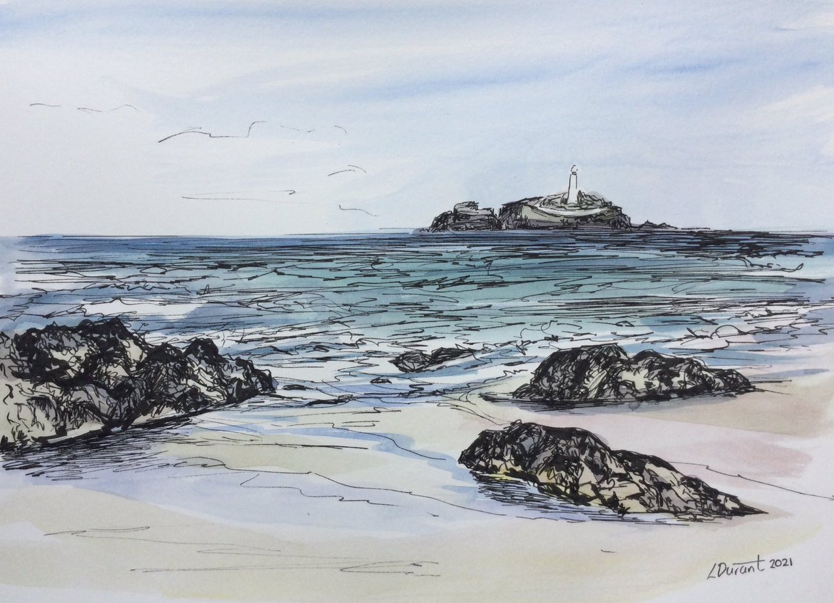 I’ve added a watercolour wash to this one #penandwash #cornwall #Godrevylighthouse #paintseptember