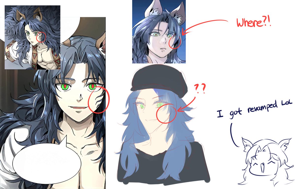 Ok hear me out- Idk if SIU and his assistants kinda forgot to include in, but I Yasratcha's scar on his cheek is missing in the flashback with him in a hat. But looking back and prev panels it's also missing too?
lmao plz excuse my rough sketch cuz i can't ss from the fastpass