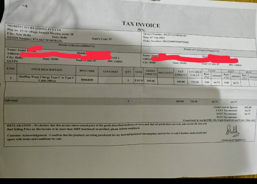 Snl22293's tweet photo. @OnePlus_IN 
Invoice is attached https://t.co/VC5JmsEwRK