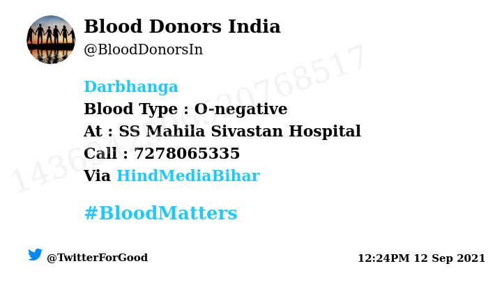 BloodDonorsIn's tweet photo. #Darbhanga
Need #Blood Type :  O-negative
Blood Component : Blood
Number of Units : 2
Primary Number : 7278065335
Patient : Farhana Khurshid
Illness : Operation
Via: @HindMediaBihar
#BloodMatters
Powered by Twitter https://t.co/R3Q8214kW5