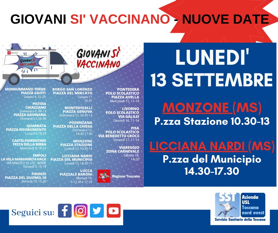 uslnordovest's tweet photo. 🚐 #GiovaniSìVaccinano: nuove tappe! Lunedì #13settembre continua il viaggio del camper vaccinale
✅ DOVE: #Monzone (MS), Piazza Stazione 10.30-13
✅ DOVE: #Licciana Nardi (MS) Piazza del Municipio 14.30-17.30
Scopri di più! 👉 https://t.co/HkX0bNkAAq https://t.co/YLknQ10yRy