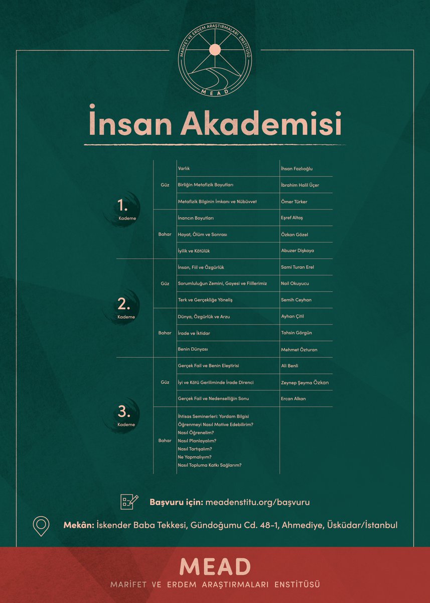 meadenstitu's tweet photo. Benzersiz müfredatıyla İnsan Akademisi 16 Ekim'de başlıyor! Başvuru için son 4 gün!
https://t.co/ZhTZ0jOtqw

Ders programı: https://t.co/Y9PGkI8rK1