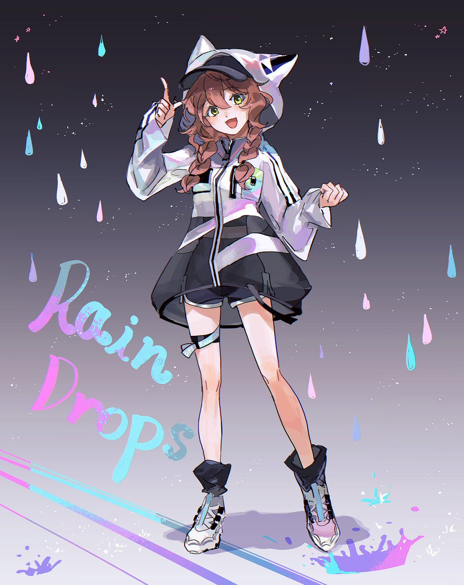 1girl solo green eyes brown hair hood twin braids shorts  illustration images