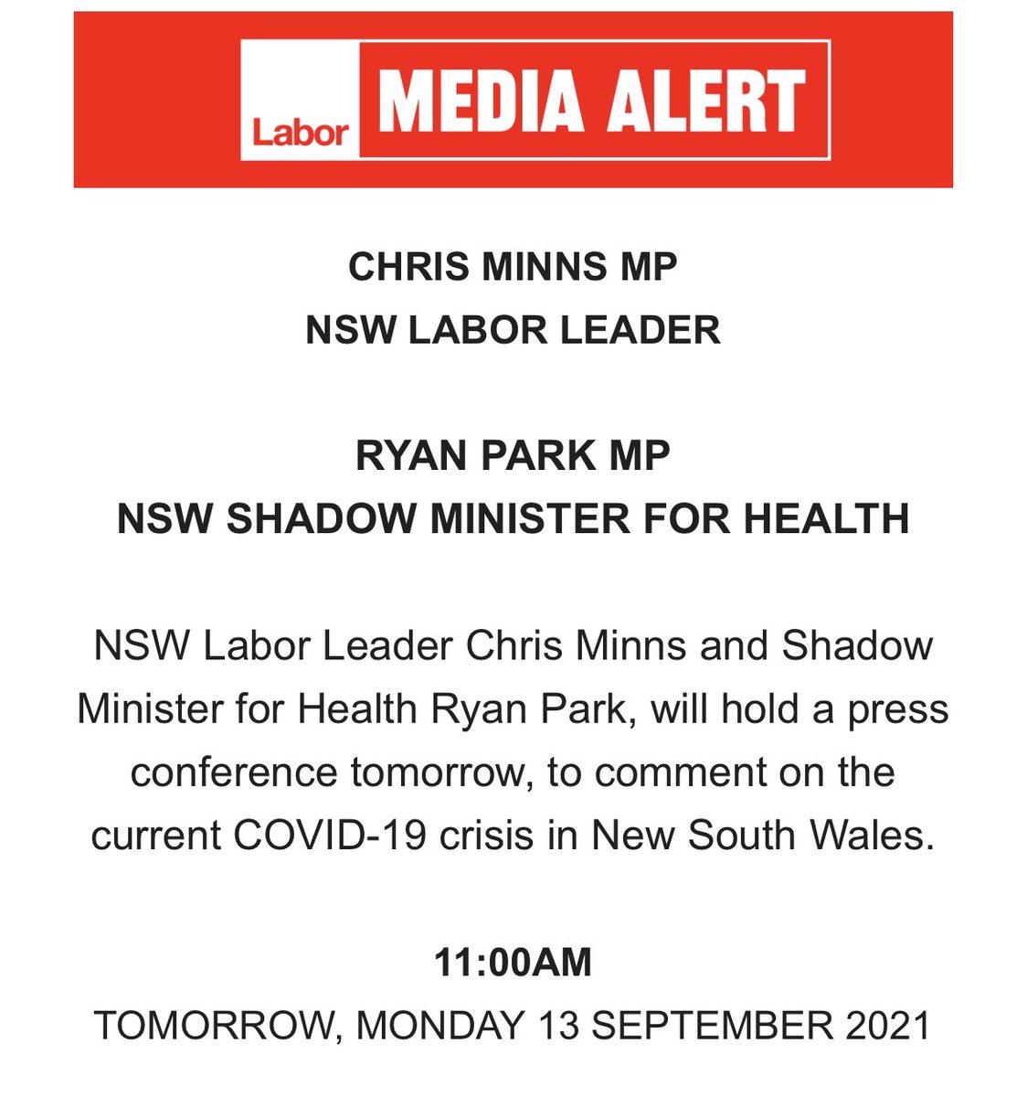 I’ll be holding a press conference tomorrow at 11am. #nswpol #auspol