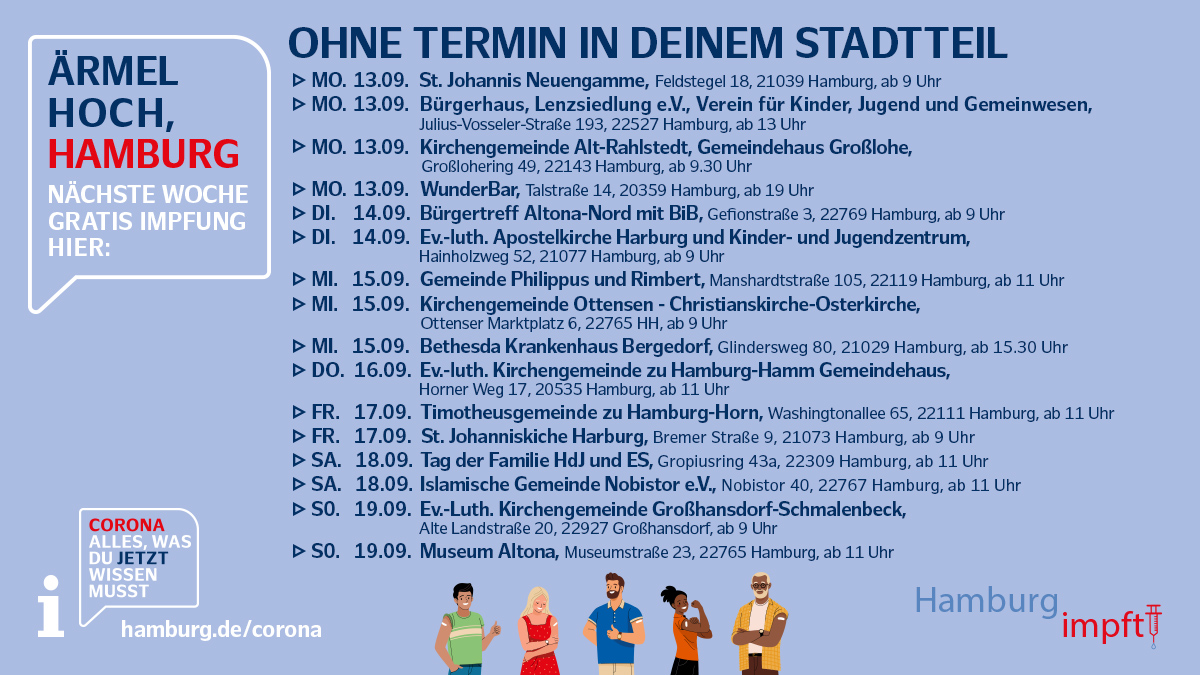 Eine Impfung schützt am sichersten vor einer schweren Erkrankung an Corona. Daher: #ÄrmelHoch, Hamburg! Es gibt mobile Impf-Angebote in den Stadtteilen, wo ihr euch ohne Termin und kostenlos impfen lassen könnt. Eine Übersicht gibt’s hier: hamburg.de/corona-impfsta… #CoronaHH