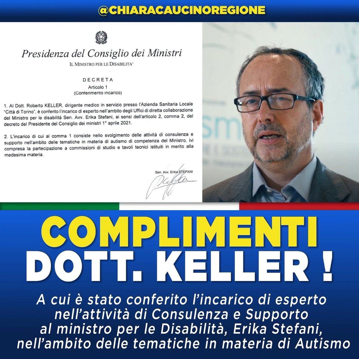 🟢 Congratulazioni al dr.Roberto #Keller, responsabile del centro regionale del #Piemonte per le persone con disturbi dello spettro autistico in età adulta, che è stato nominato dal ministro Erika #Stefani consulente del #Ministero per le #Disabilità.
#avantitutta <a href="/erikastefani71/">Erika Stefani </a>