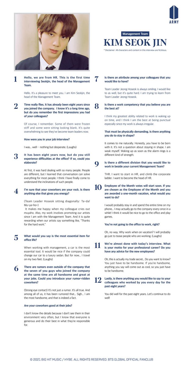sugapdgenius's tweet photo. Hello all ARMY employees. This is your HR department.
Are you heading home from a good day of work?
It’s time for some well-deserved rest.
Today we chose, from our seven excellent team leaders,
Kim Seokjin to sit down for a chat. 
#JIN #SEOKJIN https://t.co/eoW4QckA0Z