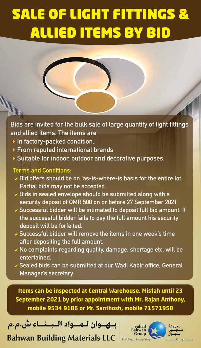 SALE OF LIGHT FITTINGS AND ALLIED ITEMS BY BID. Bahwan Building Materials LLC. Location: Central Warehouse, #Misfah. #BBM #Sale #Electrical #lightings #SuhailBahwan #BID