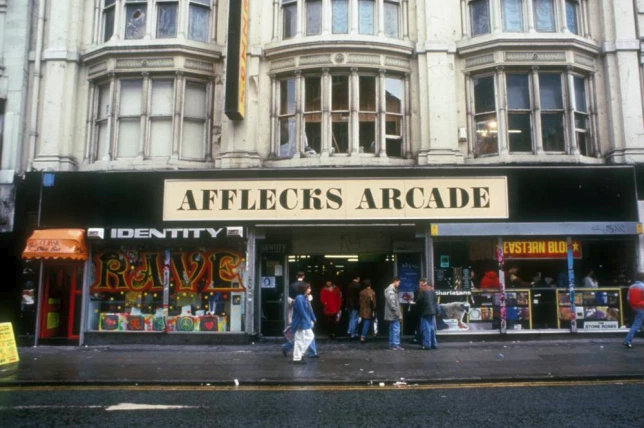 Afflecks Arcade, Oldham St, Manchester, 1990. Identity and Eastern Bloc - two classic shops of the era.
