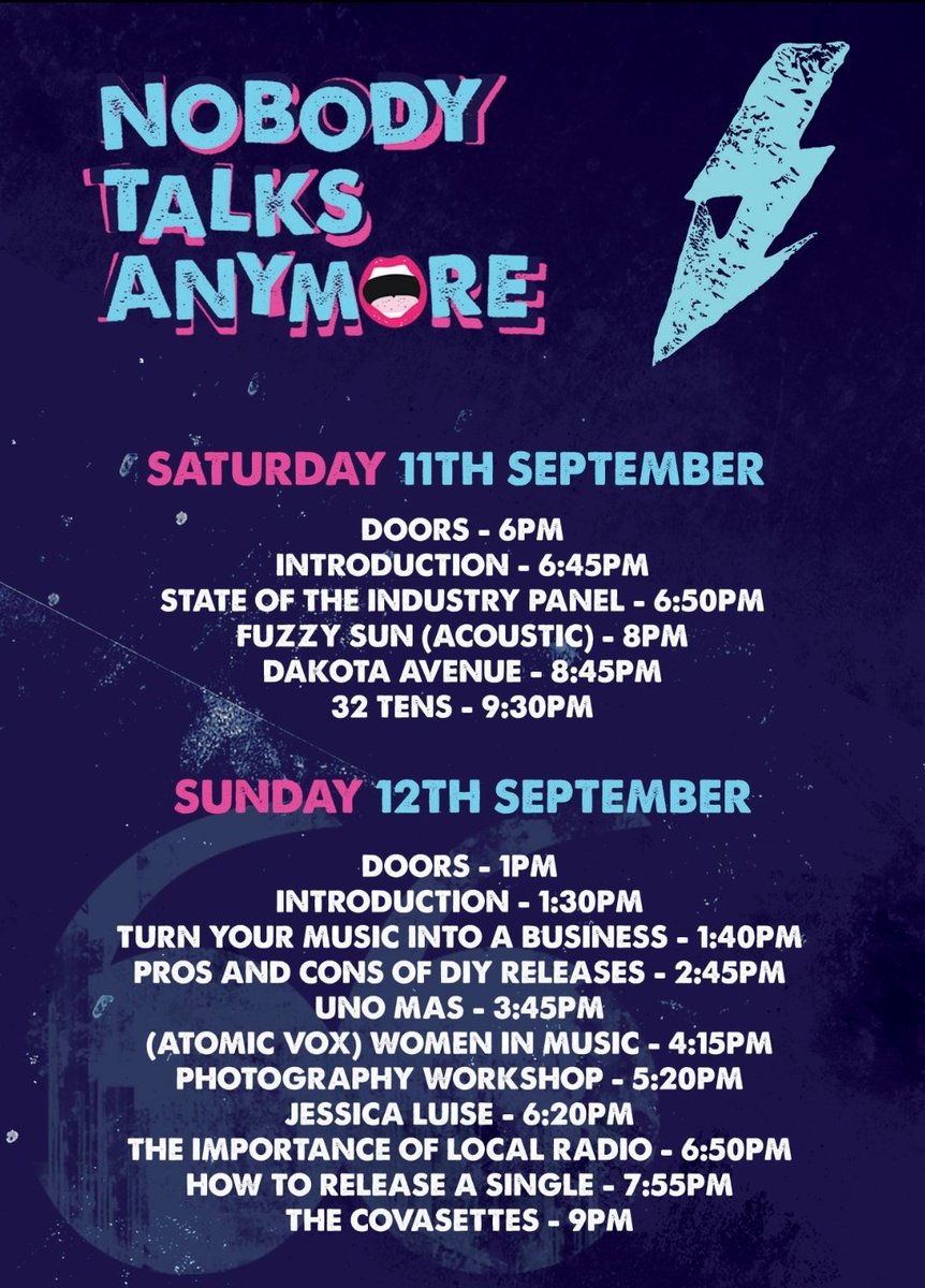 DAY 2! 🤩 

Thank you to everyone who came down last night and all the bands and panelists for smashing it and huge thanks to Jack Wood for hosting! 

Here are timings for todays event... 

Tickets will be available to purchase on the door 🎟