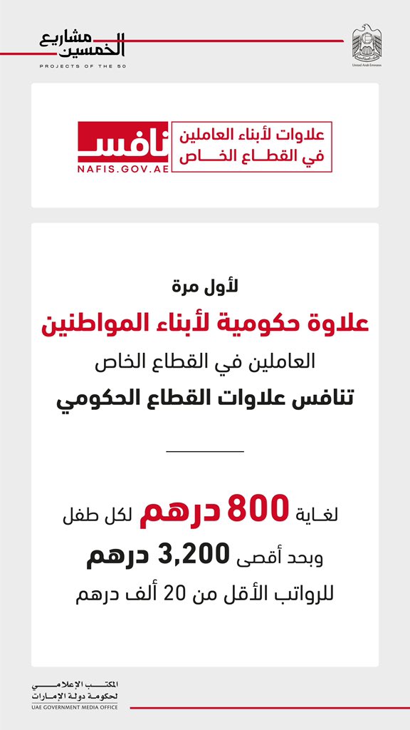UAEmediaoffice's tweet photo. لأول مرة وبتوجيهات القيادة في #الإمارات، سيتم صرف علاوات لأبناء المواطنين العاملين في القطاع الخاص تصل لغاية 800 درهم لكل طفل، وبحد أقصى 3200 درهم. https://t.co/kGNJ6MHtUm