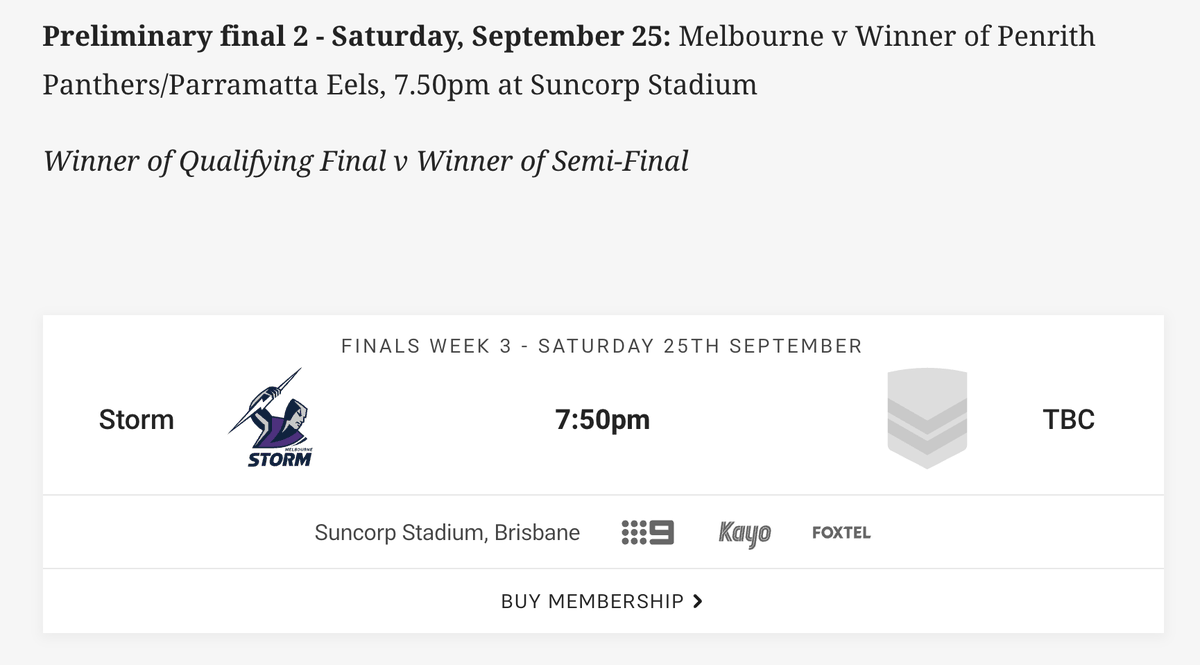 LeagueUnlimited's tweet photo. OFFICIAL: #NRL has confirmed Melbourne will host the winner of Panthers-Eels in the Preliminary Finals weekend at Suncorp Stadium, Sat 25 Sep with a 7:50pm kickoff.
The #AFLGF - featuring two Melbourne teams - begins at 7:15pm the same night. https://t.co/DgoZJlXVwK