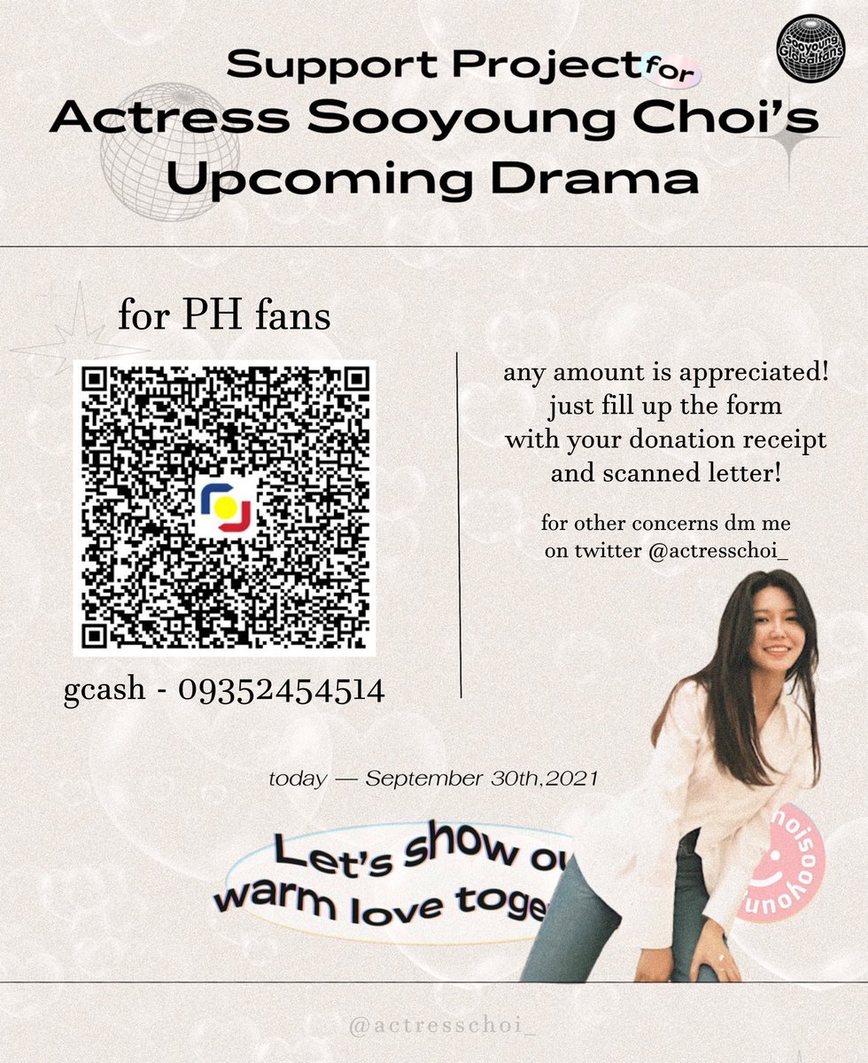 actresschoi_'s tweet photo. Hello PH Sooyoungsters/Sones!

We are currently preparing a support project for Sooyoung's upcoming drama with SY global fans. Any amount is appreciated! Just fill up the form with your donation receipt and scanned letter💌

📅09/30/21
📩https://t.co/YVjqz5gvLU

#SOOYOUNG #최수영 https://t.co/VubDgYm3D1
