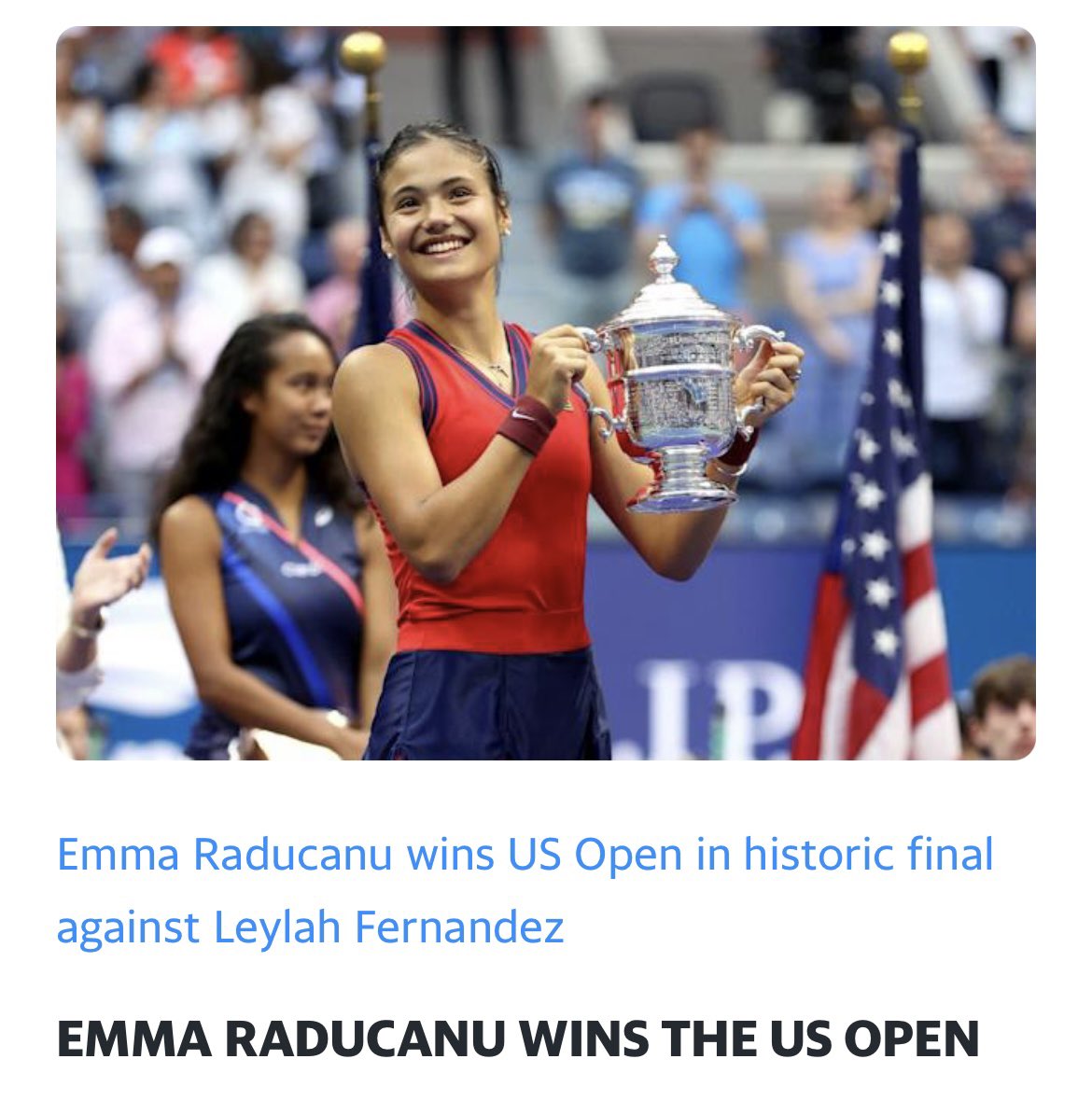 Congratulations <a href="/EmmaRaducanu/">Emma Raducanu</a> on winning the US Open. The first time a British woman has won a grand slam title since Virginia Wade won Wimbledon in 1977 👏🏼 You are an inspiration to all our children!