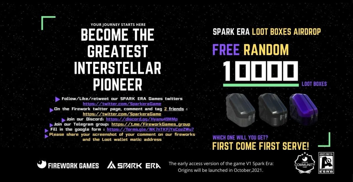 /1EPIC GIVEAWAY (first 10000 Participants only)
Website: firework.games
🔥 Spark Era blindbox NFT Airdrop
🌤 Claim || 1 blindbox NFT (worth $25-$165)
🔰 Rate ||⭐️⭐️⭐️⭐️⭐️
⬜️Normal blindbox NFT - worth $25
⬛️Rare blindbox NFT - worth $65
🟪Epic blindbox NFT - worth $165