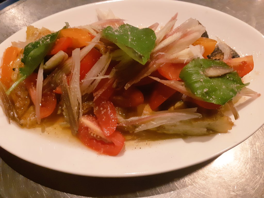 BAR_Amphora's tweet photo. 愛西市産焼きナス��アンチョビのマリネ　ミョウガのせ
#Lucaバル
#名駅イタリアン
#名駅グルメ
#地産地消
#愛西市 https://t.co/atVeuQrApf