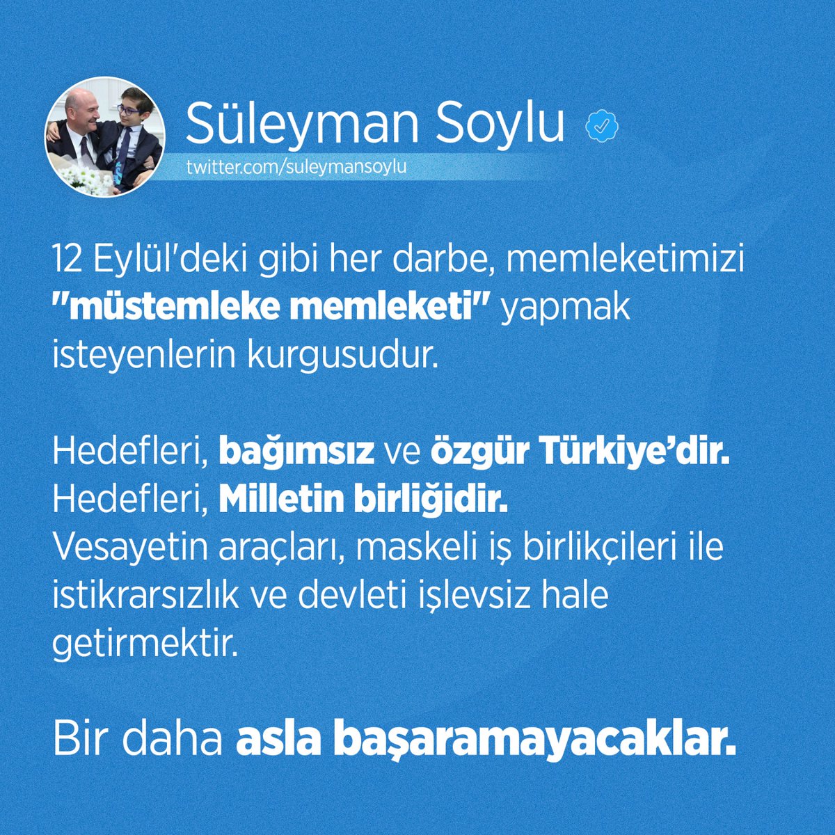 suleymansoylu's tweet photo. 12 Eylül'deki gibi her darbe, memleketimizi "müstemleke memleketi" yapmak isteyenlerin kurgusudur...

Bir daha asla başaramayacaklar ⬇️ https://t.co/LQZv7I81bT