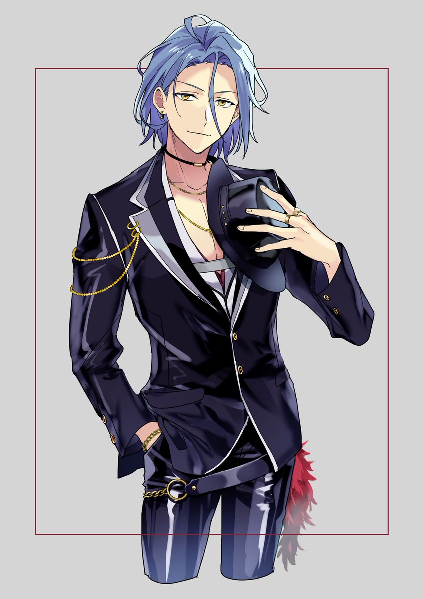 1boy male focus solo yellow eyes jewelry blue hair hand in pocket  illustration images