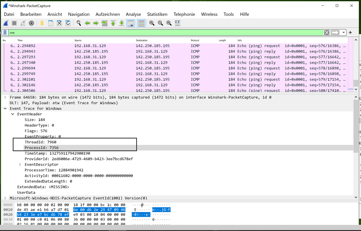 securityfreax's tweet photo. You can capture process-id and thread-id for each packet with Winshark, a Wireshark extension.
Here is a simple ping example. 

https://t.co/UhVwOS1vzJ

Credits go to CSIRT team of Airbus https://t.co/7N9JukwNYY