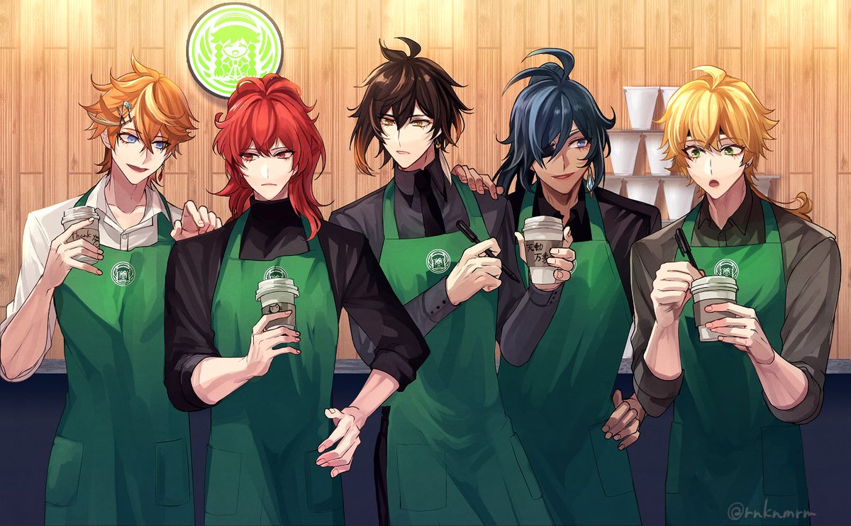 diluc (genshin impact) ,kaeya (genshin impact) ,tartaglia (genshin impact) ,zhongli (genshin impact) disposable cup red hair multiple boys apron male focus dark skin bangs  illustration images