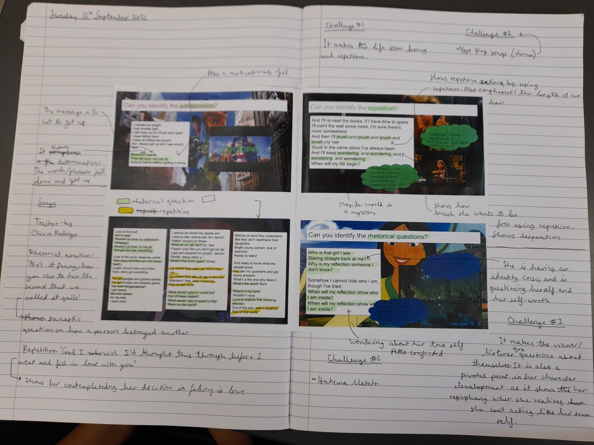 Our Y8 students today learning structural devices through song lyrics. Step 1, to identify the techniques, Step 2, to examine the effects, Step 3, to find their own examples in songs of their choice. 
Clearly <a href="/holliegretton21/">Hollie Gretton</a> is a fan of Disney! 🥳🎼